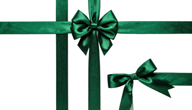 Emerald green ribbons crisply tied, against dark background