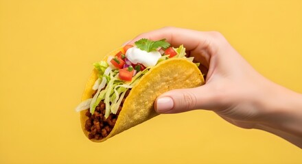 Hand Holding a Hard Shell Taco with Cilantro, Classic Ground Beef Taco, Vibrant Mexican Meal