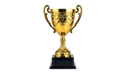 Golden trophy on a black base, ornate design, detailed