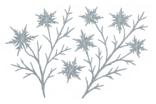 Frozen branches forming star-shaped ice crystals on a winter plant with an abstract cold nature theme