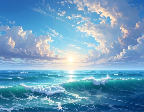 Vibrant ocean waves roll gently under a bright, cloud-filled sky at sunset