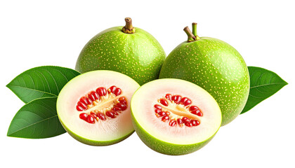 Exotic green fruits, one halved showing pale flesh and red seeds