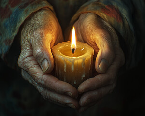 Remembrance Candle in Weathered Hands Honoring Veterans Day and Memorial Day Tribute 