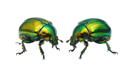 Two iridescent, green-gold beetles isolated on a black background