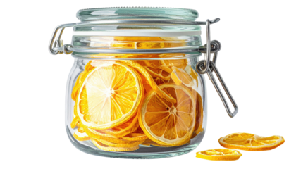 Dried citrus slices densely pack a hinged-lid clear glass jar