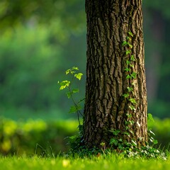 Obraz premium Close-up of a tree trunk with textured bark, small new green leaves growing on the side, and blurred greenery