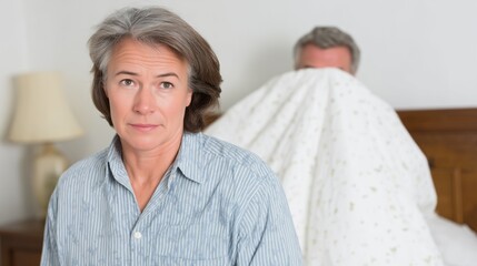 Senior couple in bedroom: mature man is ashamed of his failure in bed. A middle-aged woman looks sad but hopeful as she expected more from her husband in bed