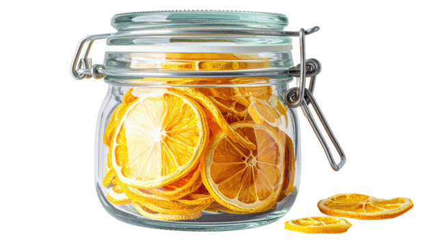 Dried citrus slices densely pack a hinged-lid clear glass jar