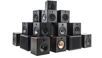 Speaker stack. Audiophile gear pyramid on black background