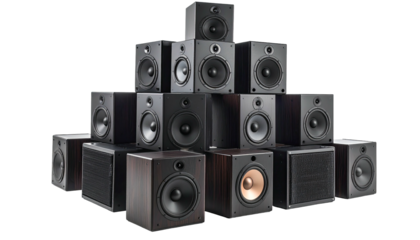 Speaker stack. Audiophile gear pyramid on black background