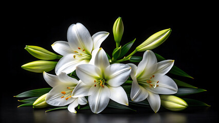 Fototapeta premium Elegant white easter lilies with green buds and leaves arranged on a dark reflective surface