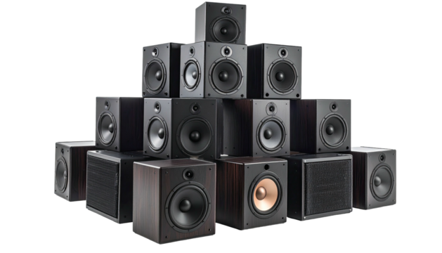 Speaker stack. Audiophile gear pyramid on black background