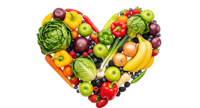 Heart shape made of fresh vegetables and fruits, isolated on transparent background