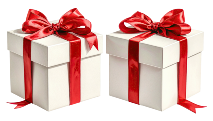 Two gifts white boxes, red ribbon bows. Black background