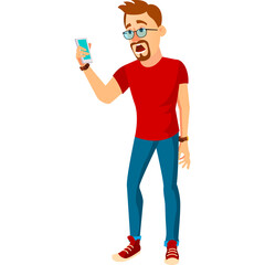 Shocked Business Man Character Wearing Red Shirt Blue Jeans and Glasses Holding a Smartphone with a White Background and Transparent Background