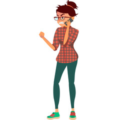 Pixelated Woman Expressing Anger While Talking On The Phone Wearing Plaid Shirt And Teal Pants Standing Against White Background