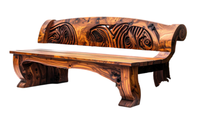 Ornate wooden bench with carved swirls, dark wood texture