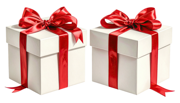 Two gifts white boxes, red ribbon bows. Black background