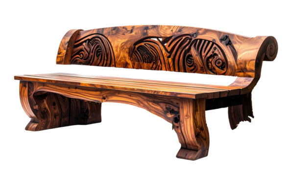 Ornate wooden bench with carved swirls, dark wood texture