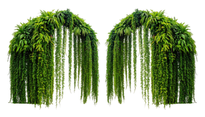 Symmetrical green cascading foliage archways, isolated
