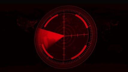 Red Radar Scope Overlaying World Map with City Lights targeting earth. Interactive red radar overlay on world map emphasizing city lights and global targeting systems. - Powered by Adobe