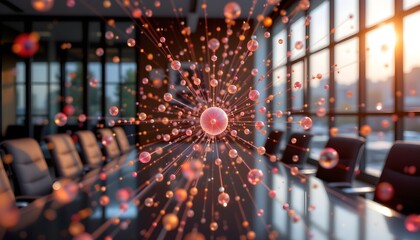 Abstract Representation of Particles Flowing in a Modern Conference Room with Natural Light