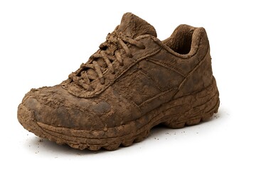 A mud-covered sneaker on a white backdrop.