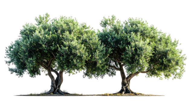Two olive trees with green foliage on a sunny day