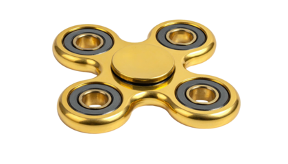 Shiny, golden, four-lobed fidget spinner on a black background