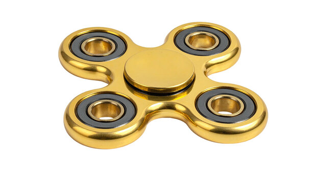Shiny, golden, four-lobed fidget spinner on a black background