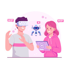 Illustration of People Using VR and Robot