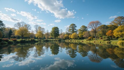 Fototapeta premium Serene Autumn Landscape with Colorful Trees and Clear Reflections in a Tranquil Lake