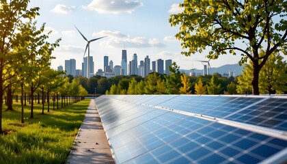 Urban Skyline with Solar Panels and Wind Turbines in a Green Park during Daylight