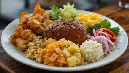Colorful And Diverse Food Platter Featuring Cheesy, Savory, And Fresh Ingredients On A Wooden Table