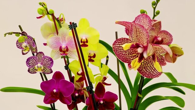 Array of colorful orchids on stems, set against a soft background