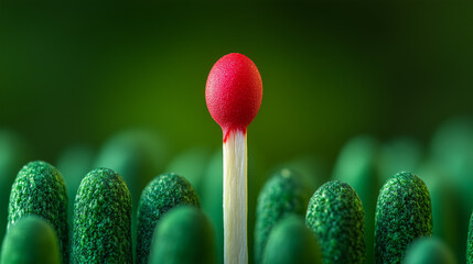 Single Red Match Ignited Among Green Matches Symbolizing Leadership and Opportunity 