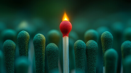 Red Match Burning Among Green Matches Symbolizing Leadership Vision and Confidence 