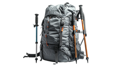 Backpack with trekking poles on black background, outdoor gear