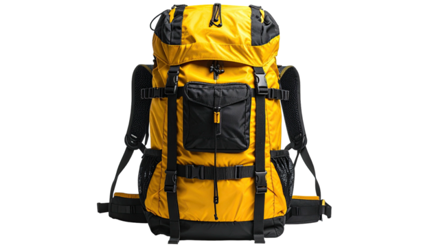 Yellow backpack, black straps/details, outdoor gear, front view