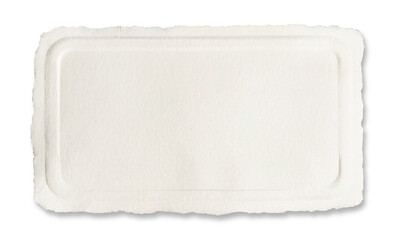 Horizontal rectangular piece light-colored textured cardboard with  rounded-corner border.  Material appears cream color giving vintage. edges paper irregularly torn and soft shadow with copy space