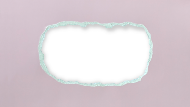 Horizontal ragged opening or tear in sheet light pink cardboard paper revealing blank transparent space center. Edges of tear are irregular and rough with soft shadow
