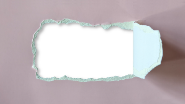 Horizontal rectangular hole or tear sheet of muted pink or dusty rose cardboard paper, exposing blank transparent space center and shadow. Hole has rough jagged edges