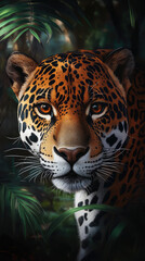 Majestic Jaguar in Dense Jungle – AI Generative Wildlife Design, Stunning Animal Portrait, Powerful and Beautiful Big Cat