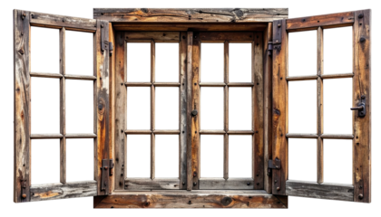 Open, weathered rustic wooden window with panes; isolated