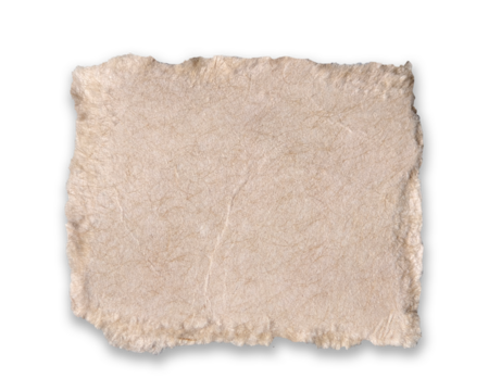Single piece square shape oriented light brown or beige fibrous paper,  handmade or parchment paper. Paper has visible textured surface with fine, light-colored fibers and soft shadow