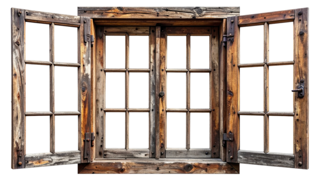 Open, weathered rustic wooden window with panes; isolated