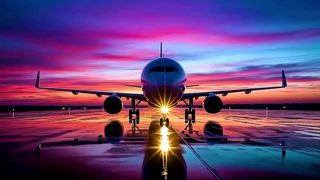 Sunset Tarmac Animation with Front-Facing Airplane and Vibrant Sky Reflection
