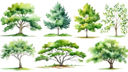 Watercolor Illustration of Various Types of Trees with Lush Green Foliage in Natural Settings