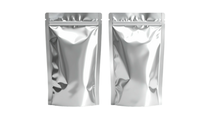 Two silver, sealed pouches stand against a black background