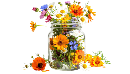 Wildflower bouquet bursting from clear glass jar